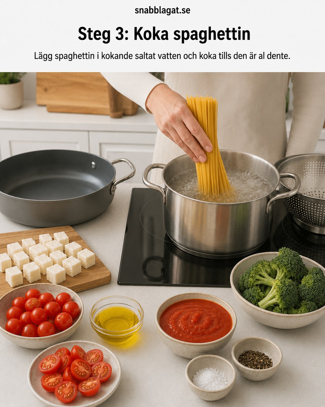 Spaghetti kokas i saltat vatten till al dente inför halloumipasta med broccoli