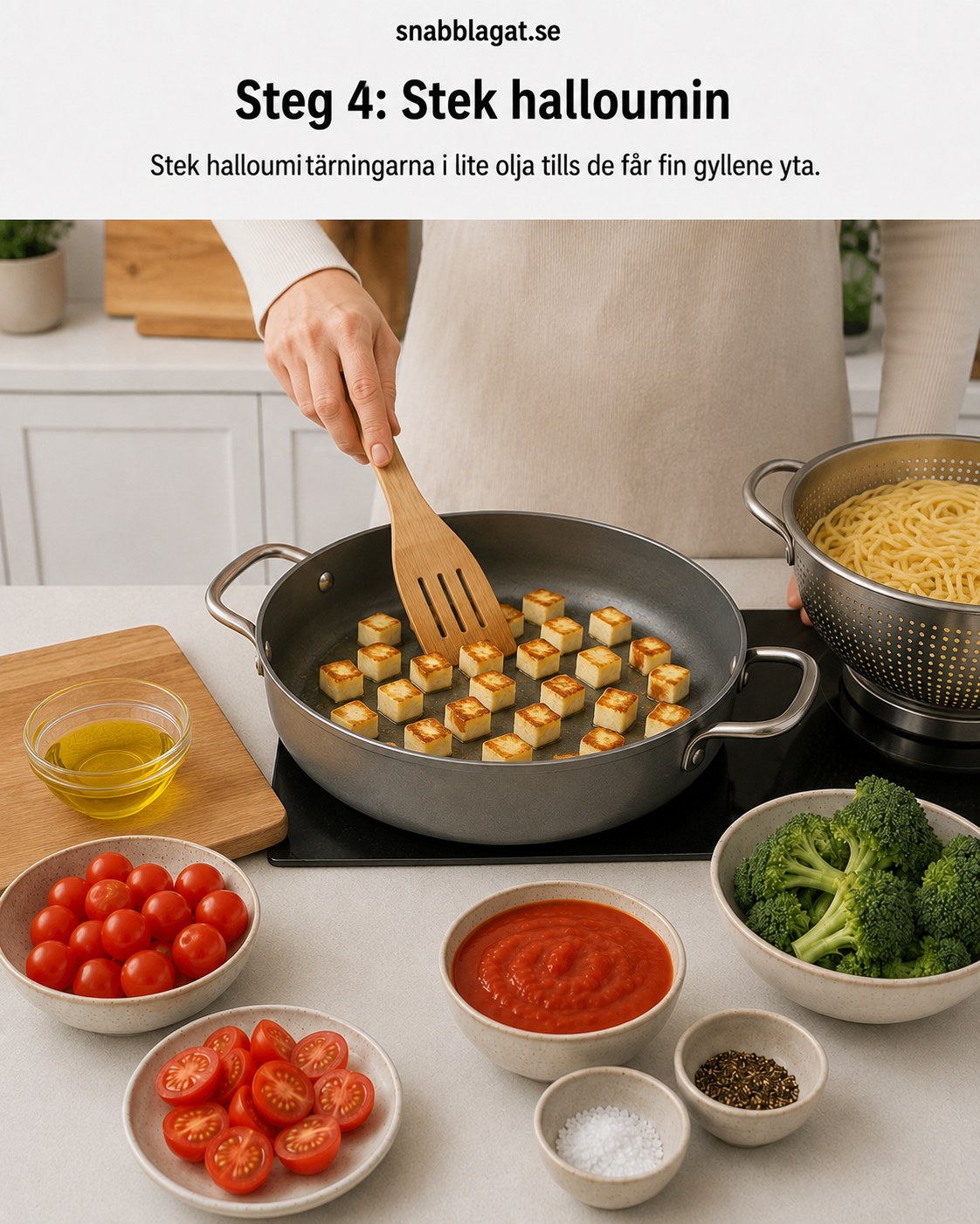 Halloumitärningar steks gyllenbruna i panna med olja till halloumipasta med broccoli