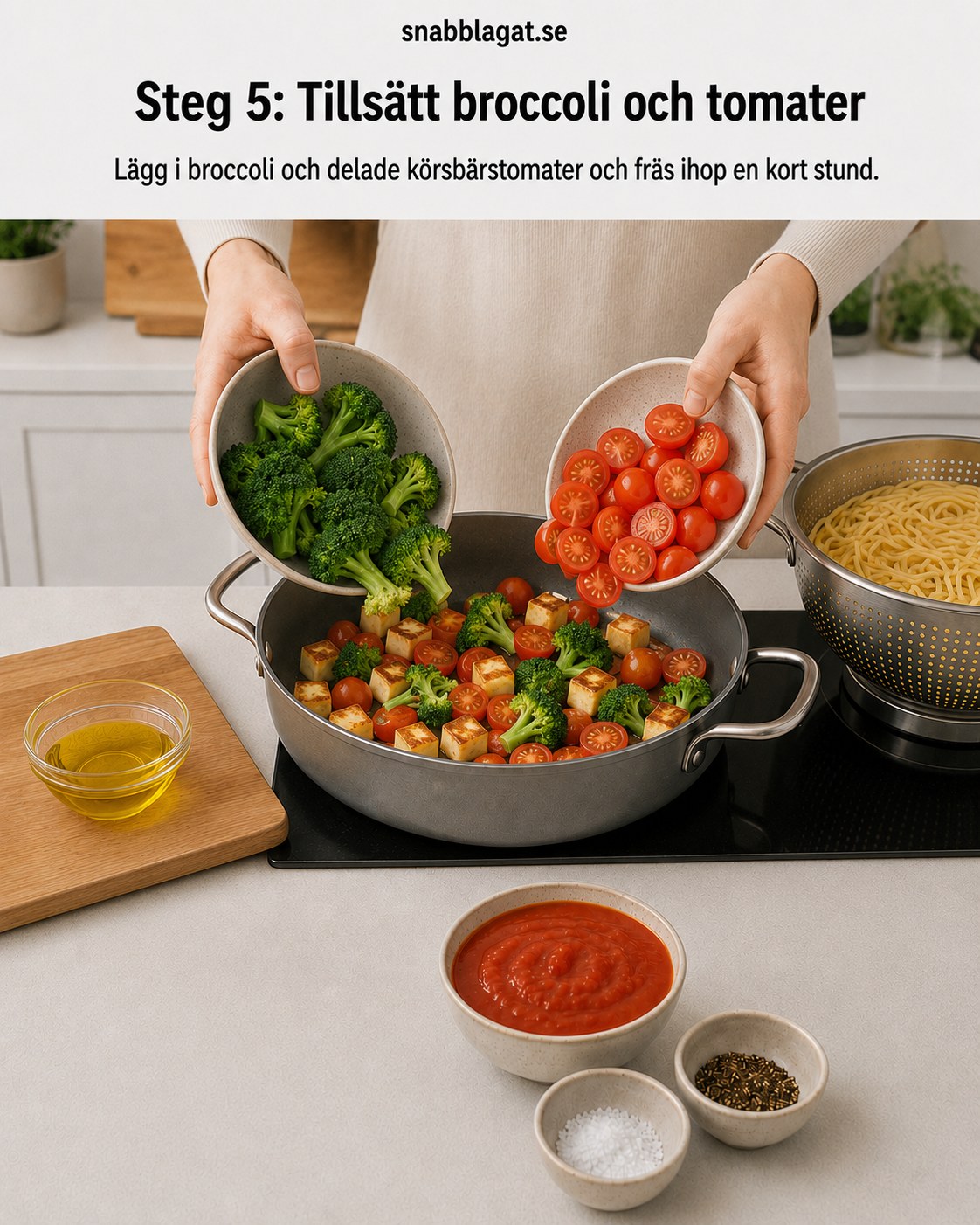 Broccoli och körsbärstomater tillsätts i pannan med stekt halloumi