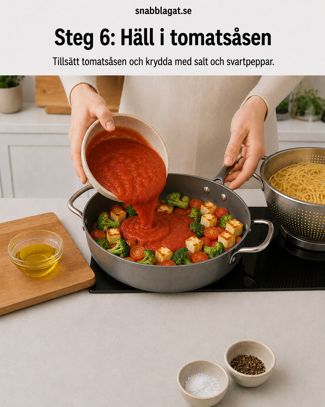 Tomatsås hälls över broccoli, tomater och halloumi i stekpannan