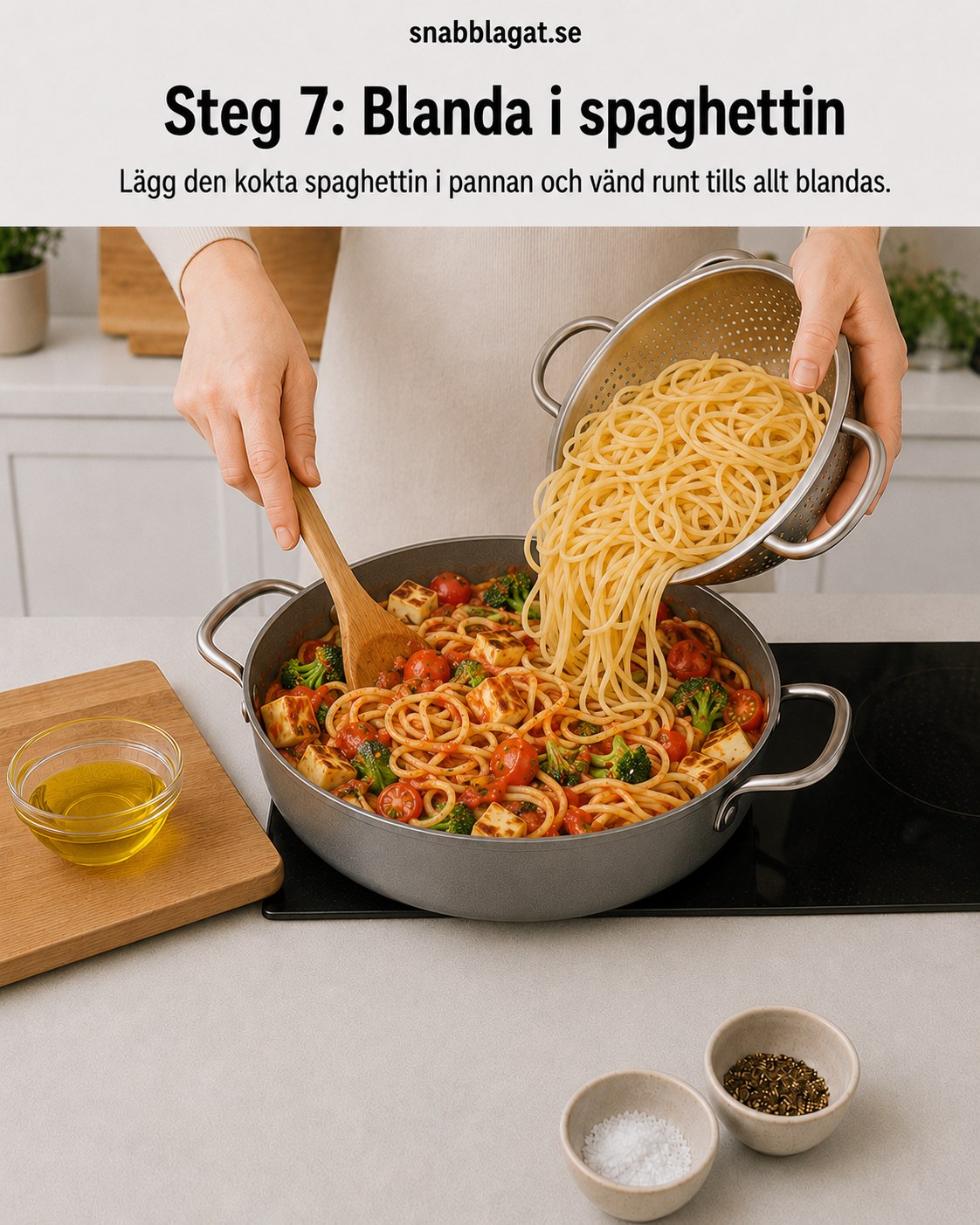 Kokt spaghetti vänds ner i pannan med sås, broccoli och halloumi