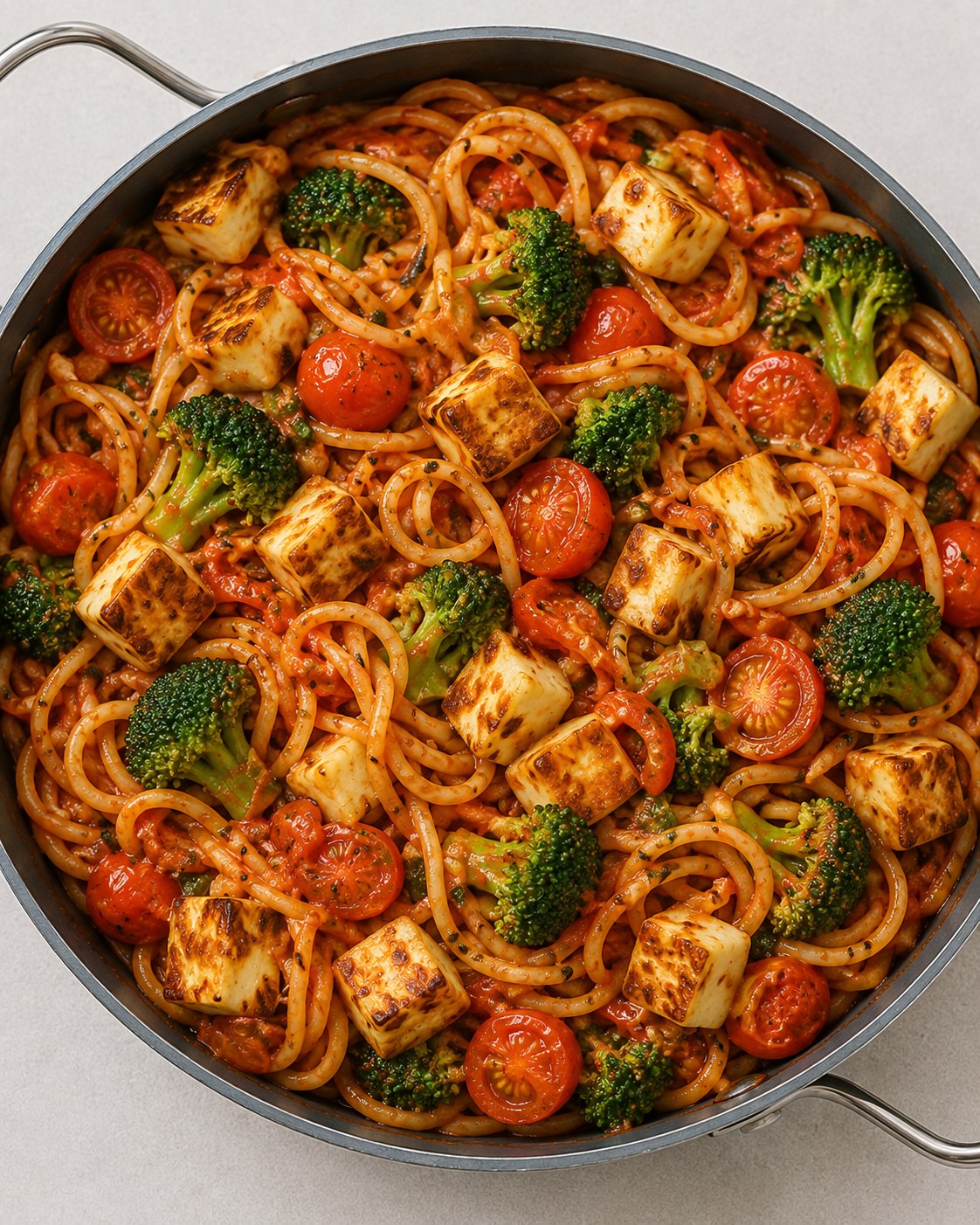Färdig halloumipasta med broccoli serverad direkt från pannan