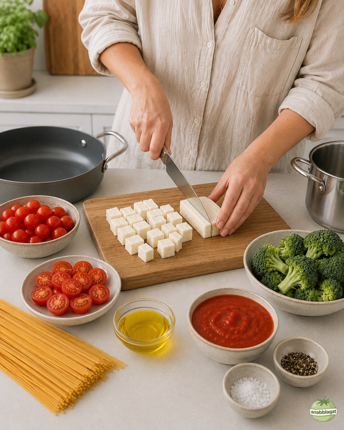 Halloumi skärs i tärningar på träskärbräda inför halloumipasta med broccoli