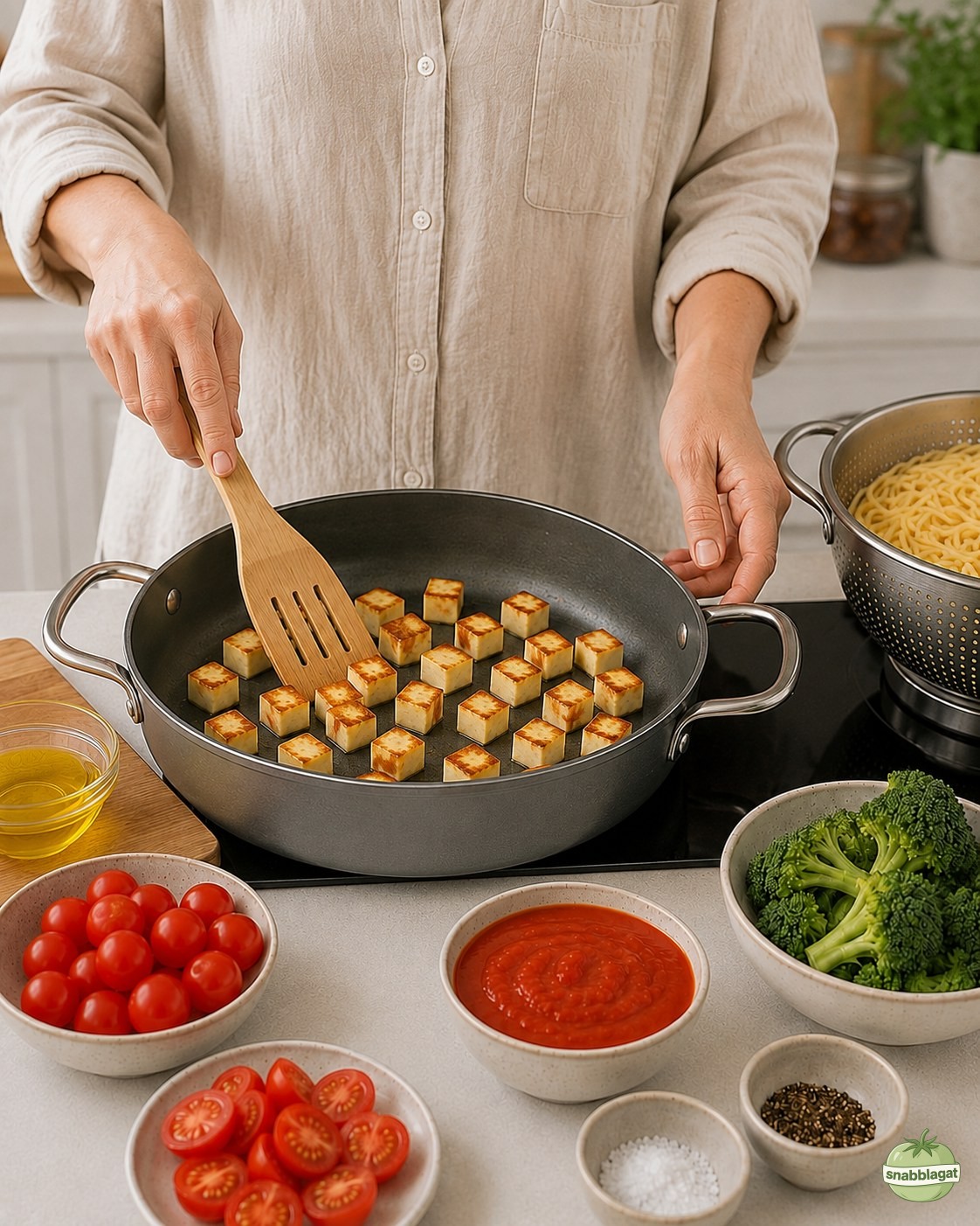 Halloumitärningar steks gyllene i panna till halloumipasta med broccoli
