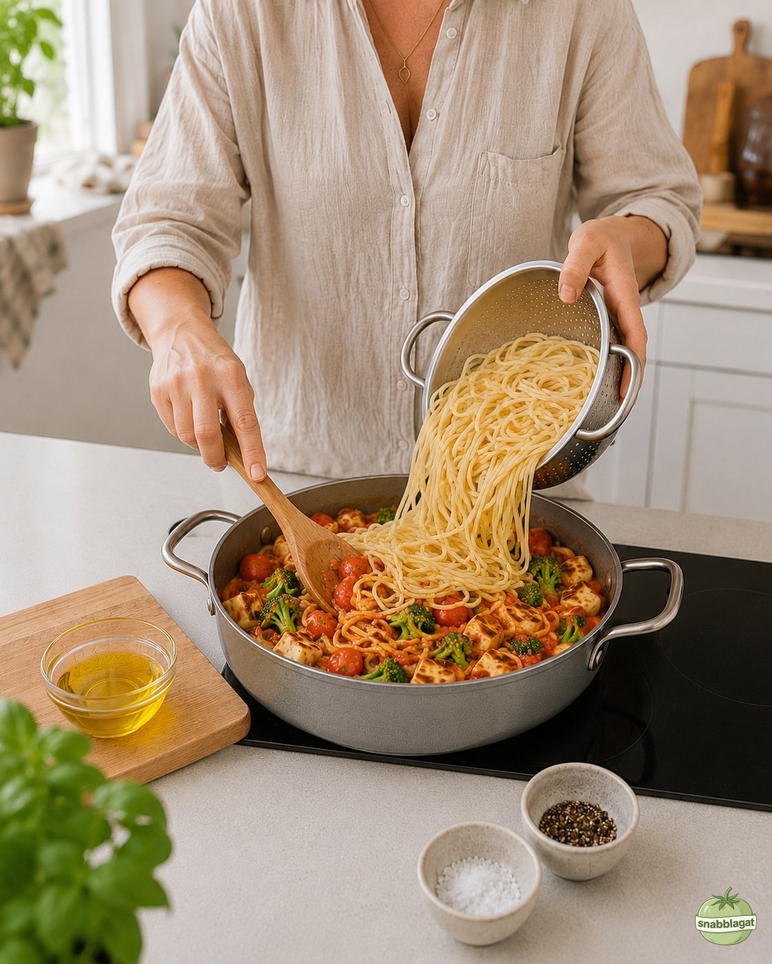 Kokt spaghetti blandas ner i pannan med halloumi, broccoli och tomatsås