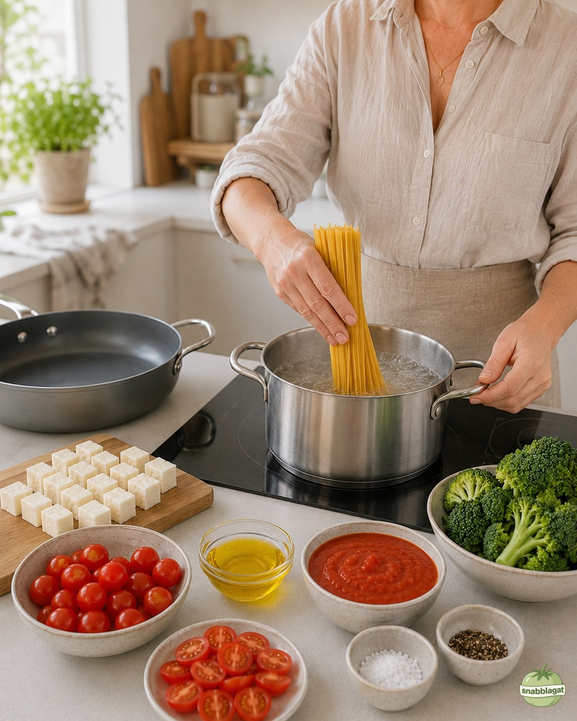 Spaghetti läggs i kokande saltat vatten till halloumipasta med broccoli
