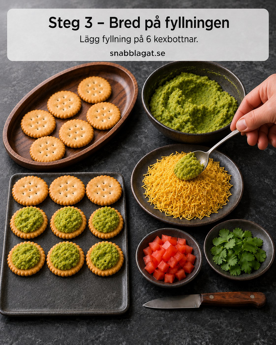 Grön fyllning breds på sex kexbottnar inför montering av indiska smörkikärtor