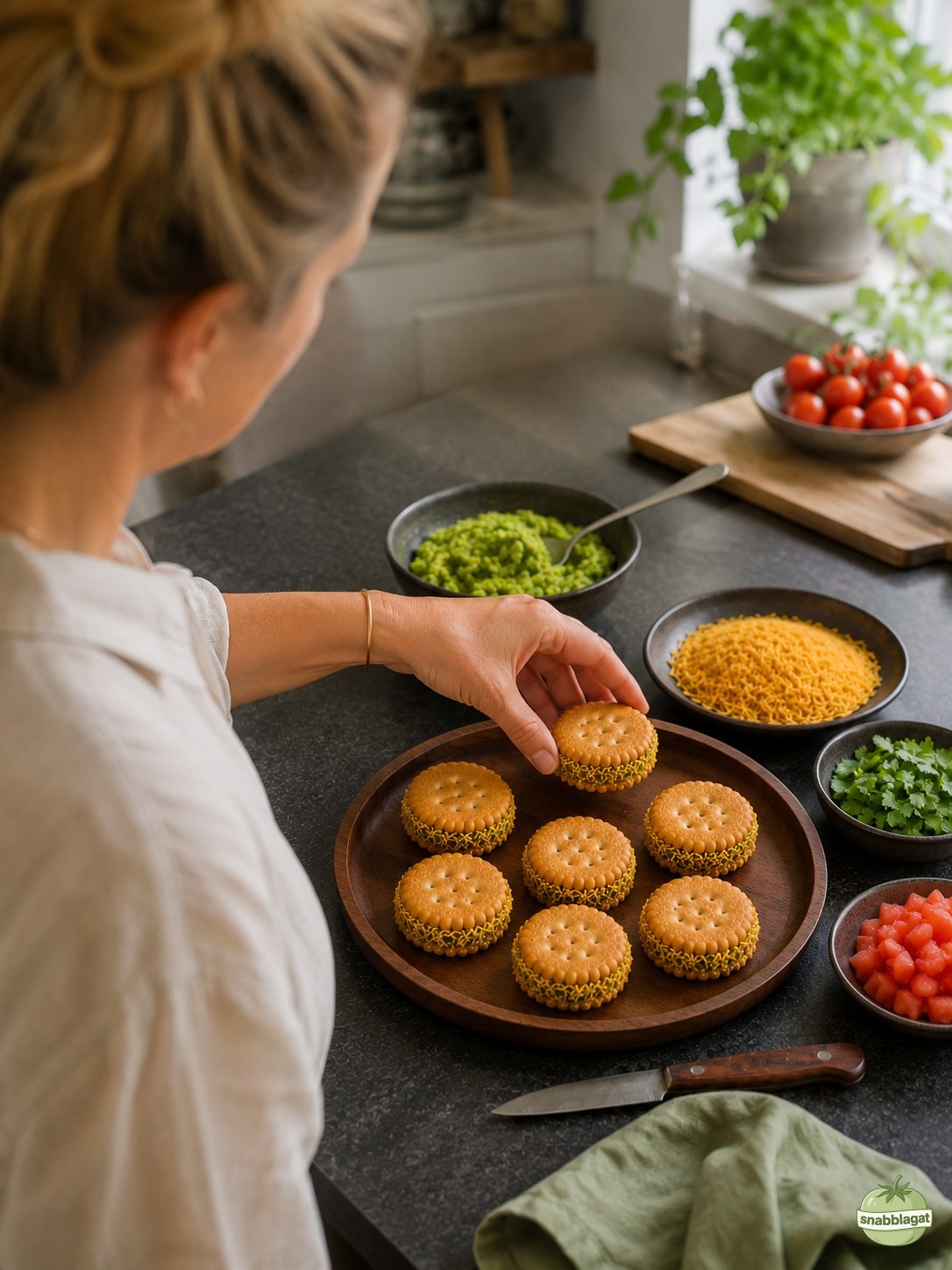 Kvinna med uppsatt hår lägger sevtäckt kex på fat med indiska smörkikärtor