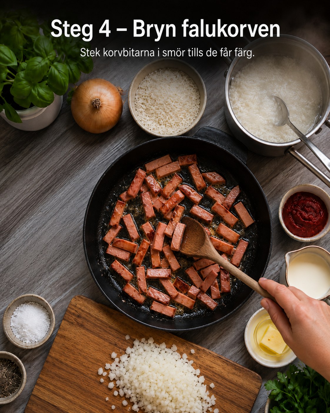 Falukorvsstavarna bryns i smör tills de får fin färg i den svarta stekpannan