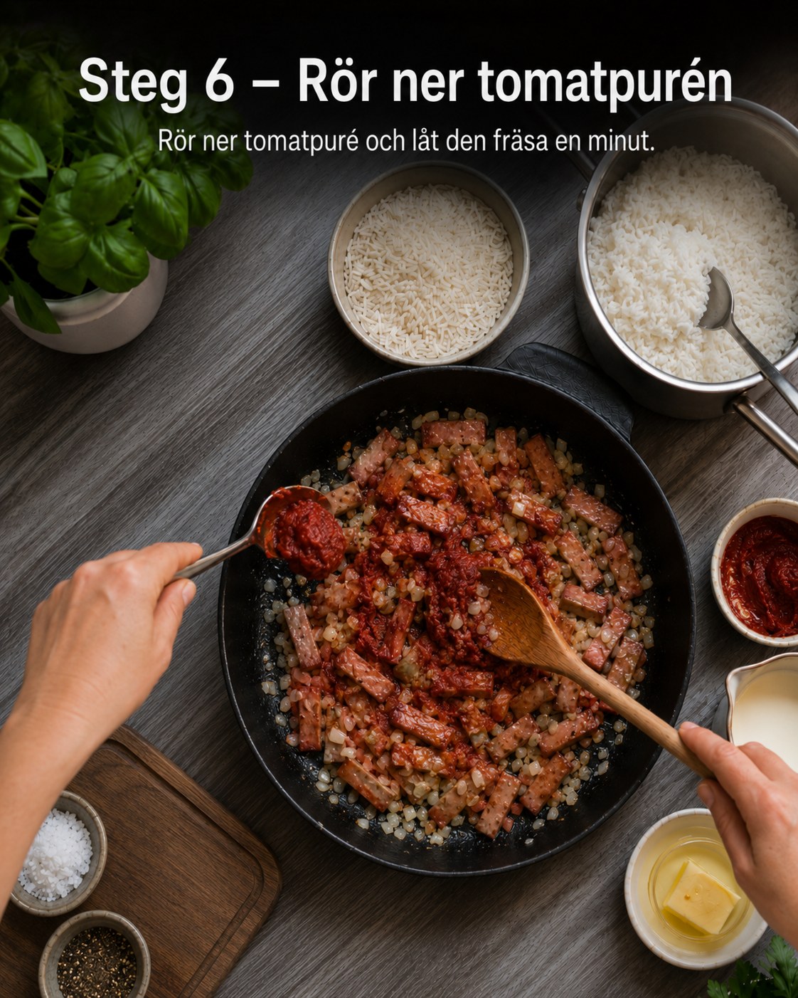 Tomatpuré rörs ner i korv och lök och får fräsa en minut i pannan