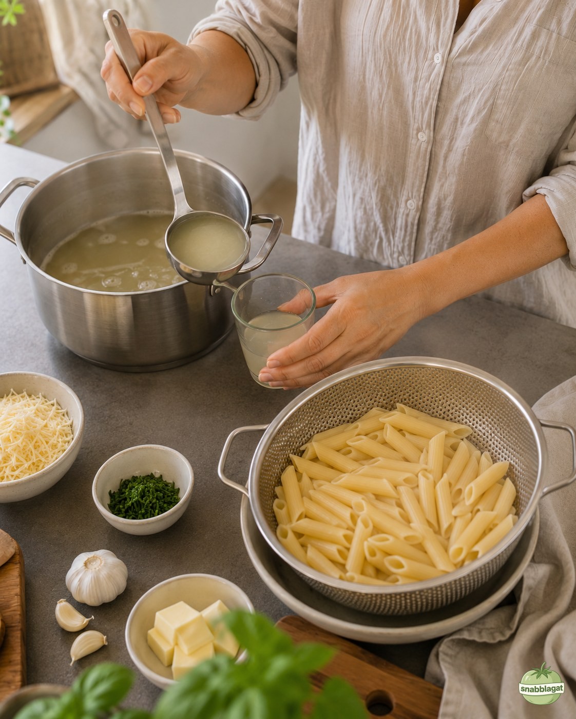 Pastavatten skopas upp med sked innan avrinning av pasta