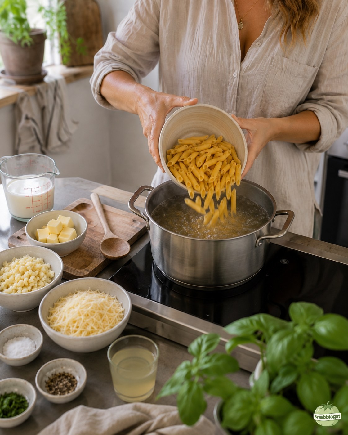 Penne hälls i kokande vatten under tillagning av krämig vitlöks alfredopasta
