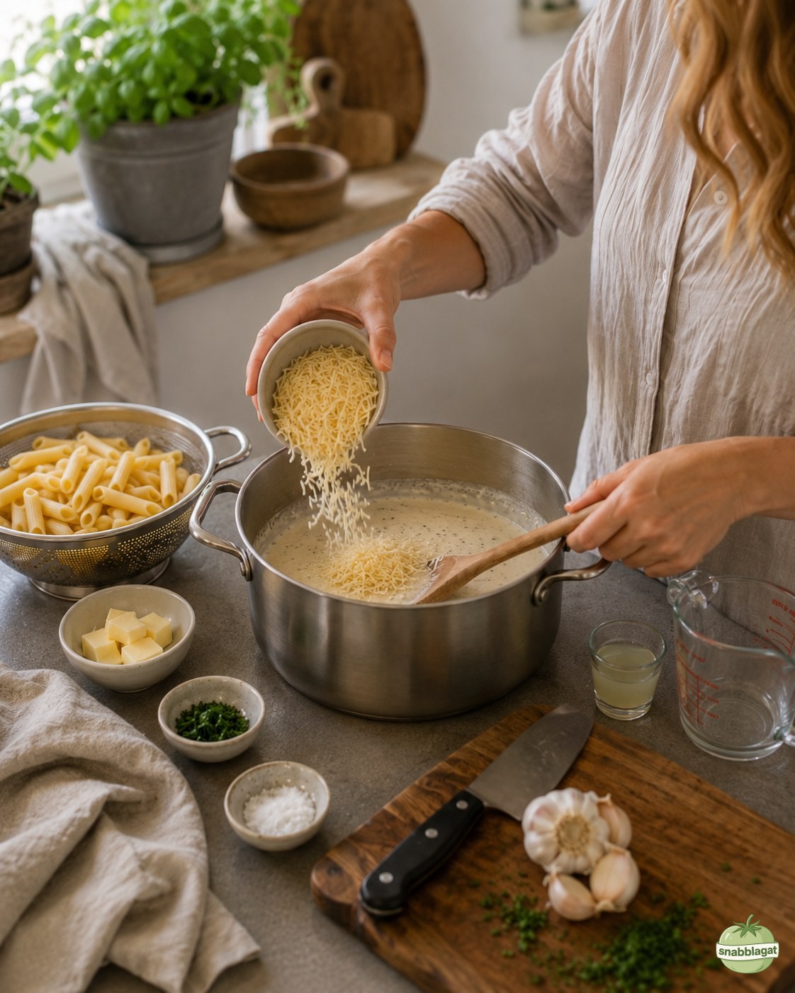 Riven parmesan tillsätts i krämig sås med vitlök till alfredopasta