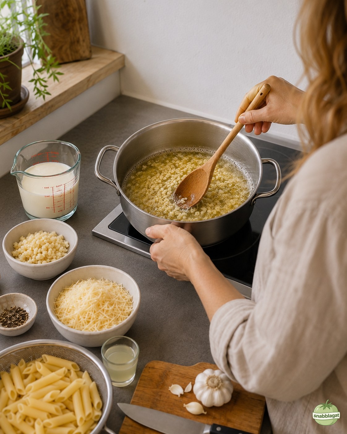 Vitlök fräses i smör över induktionshäll till alfredosås