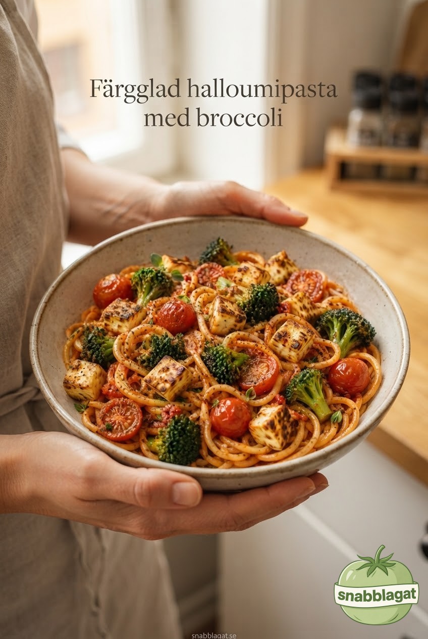 Färgglad halloumipasta med broccoli