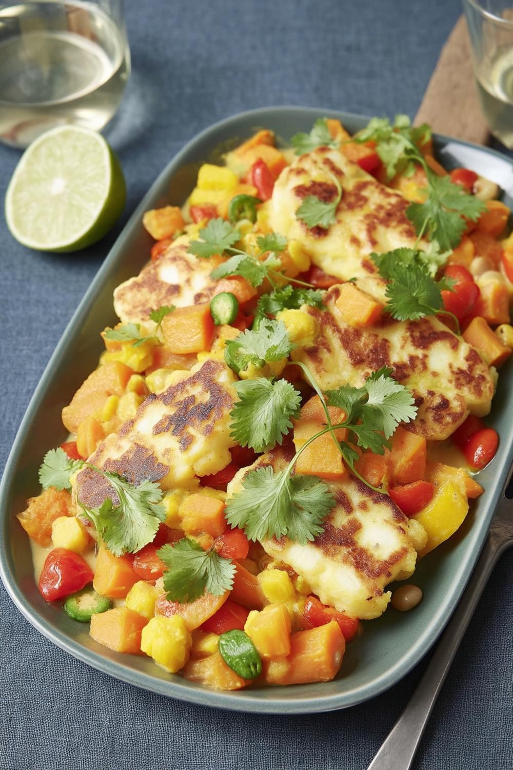 Färgglad grönsaksmix med halloumi