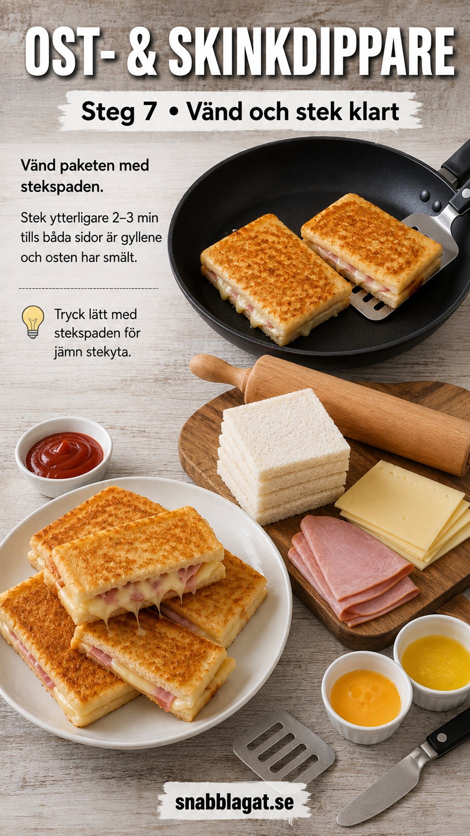 Toastie dippers vänds i pannan och steks klart tills osten har smält