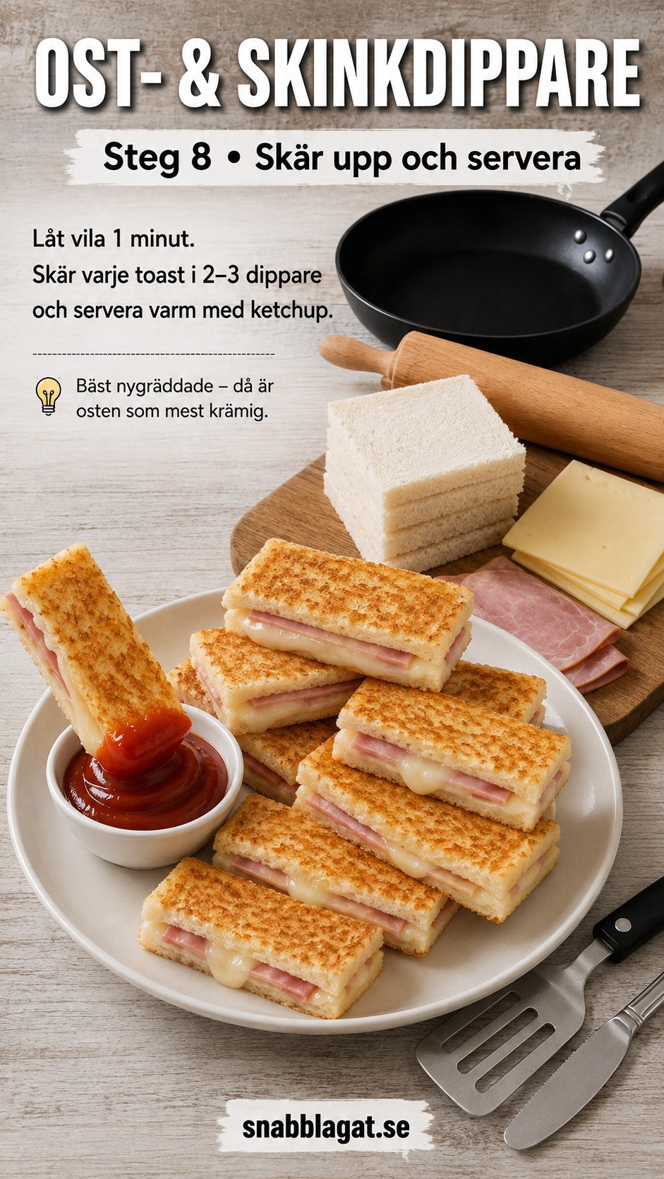 Nystekta skinkost toastie dippers skärs i bitar och serveras med ketchup