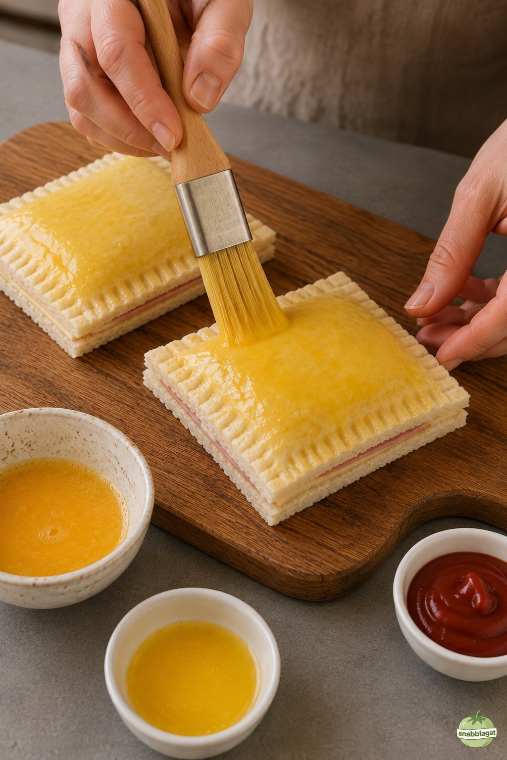 Ägg och smör penslas på skinkost toastie dippers innan de steks i panna