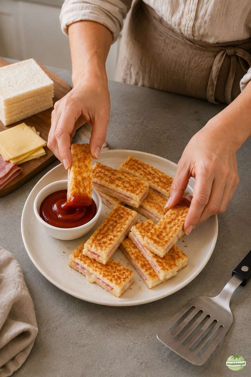 Skinkost toastie dippers doppas i ketchup direkt vid serveringstillfället