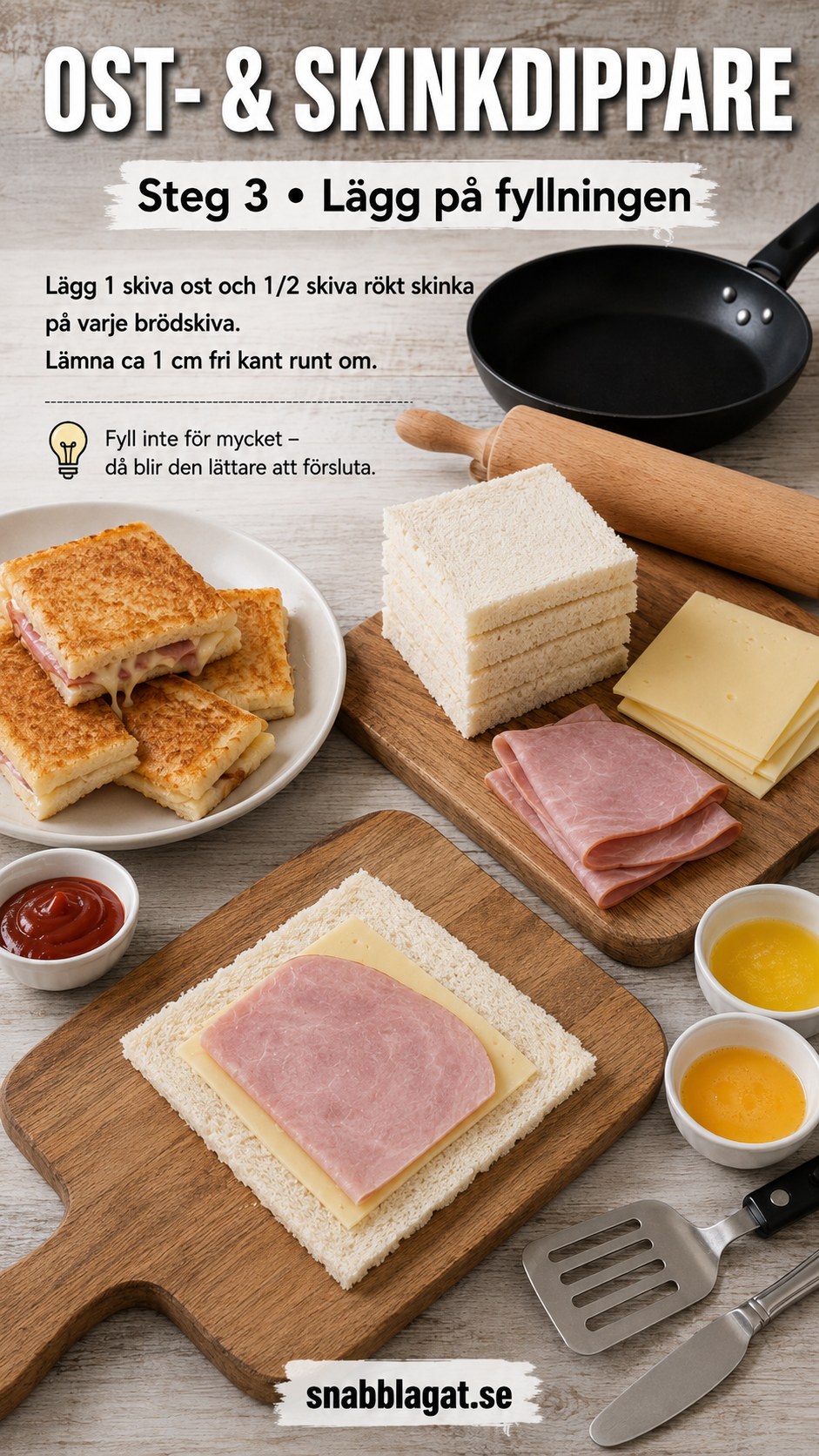 Ost och rökt skinka läggs på brödskiva vid tillagning av skinkost toastie dippers