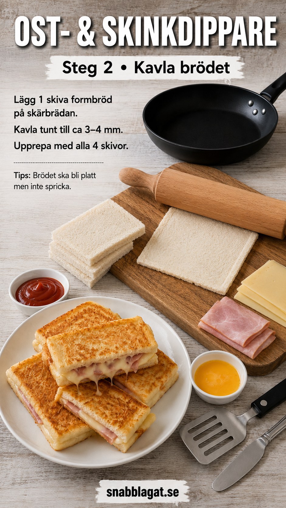 Formbröd kavlas tunt på skärbräda som förberedelse för skinkost toastie dippers