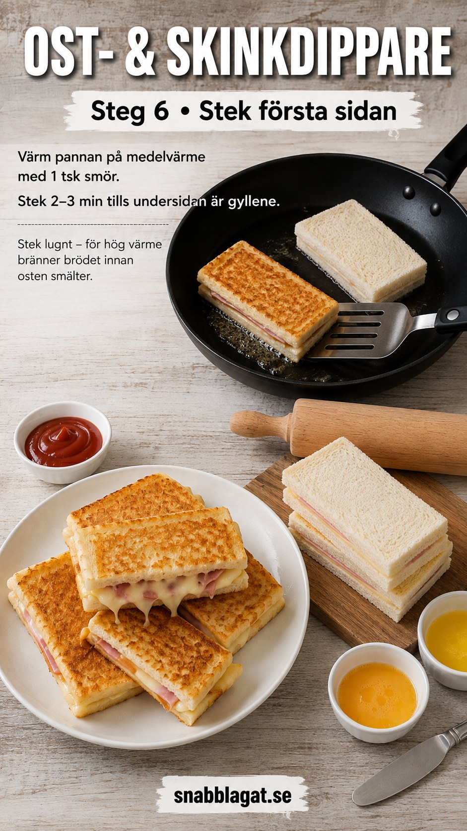 Skinkost toastie dippers steks på första sidan i stekpanna på medelvärme