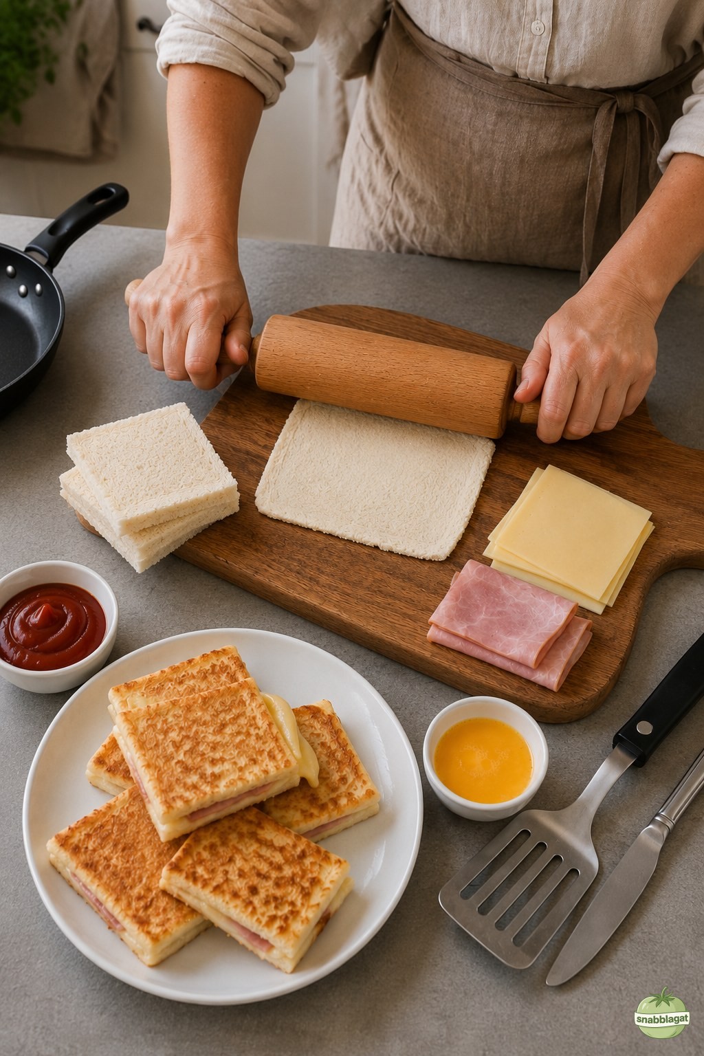 Formbröd kavlas för hand hemma till skinkost toastie dippers på trädskärbräda