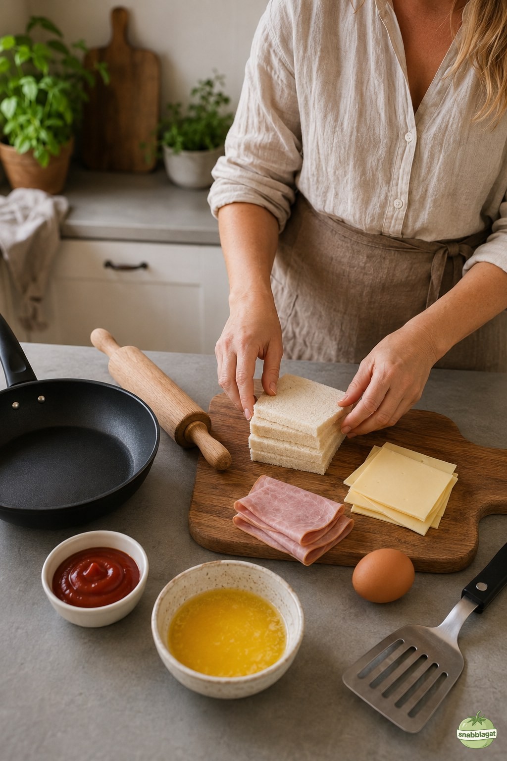 Ingredienser till skinkost toastie dippers läggs fram på köksbänk hemma