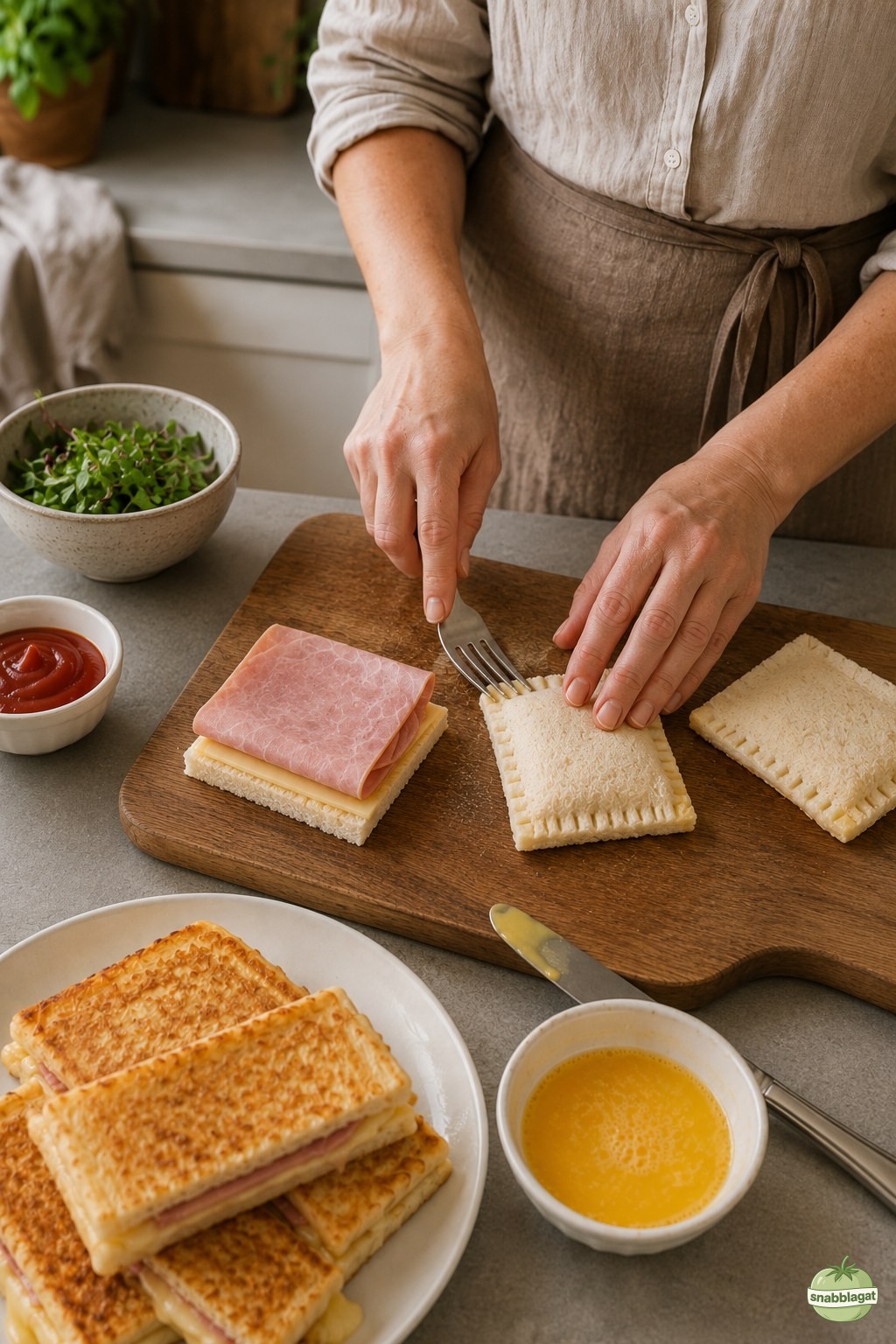Kanterna på skinkost toastie dippers pressas ihop med gaffel före stekning