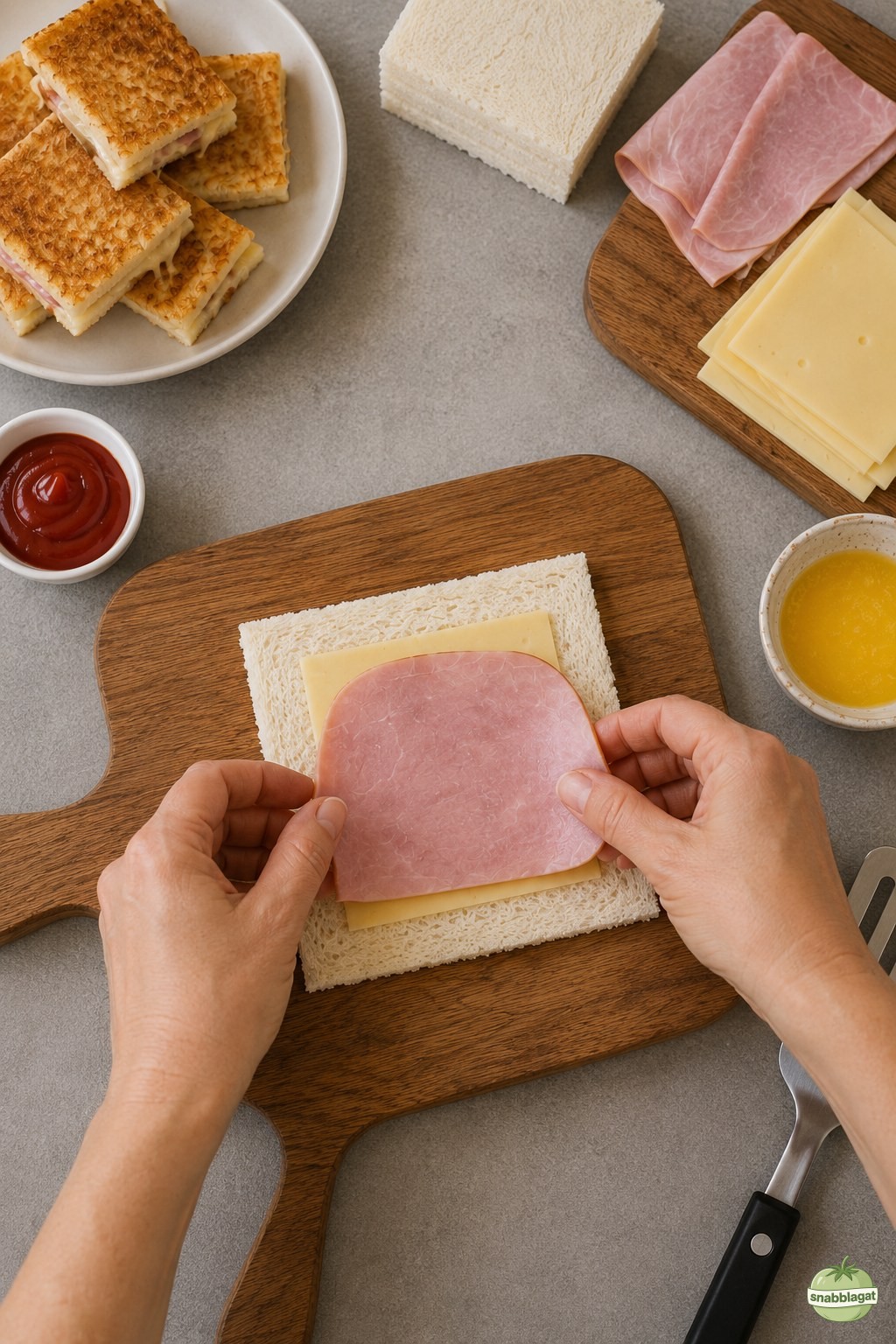 Skinka läggs ovanpå ost på brödskiva vid förberedelse av skinkost toastie dippers