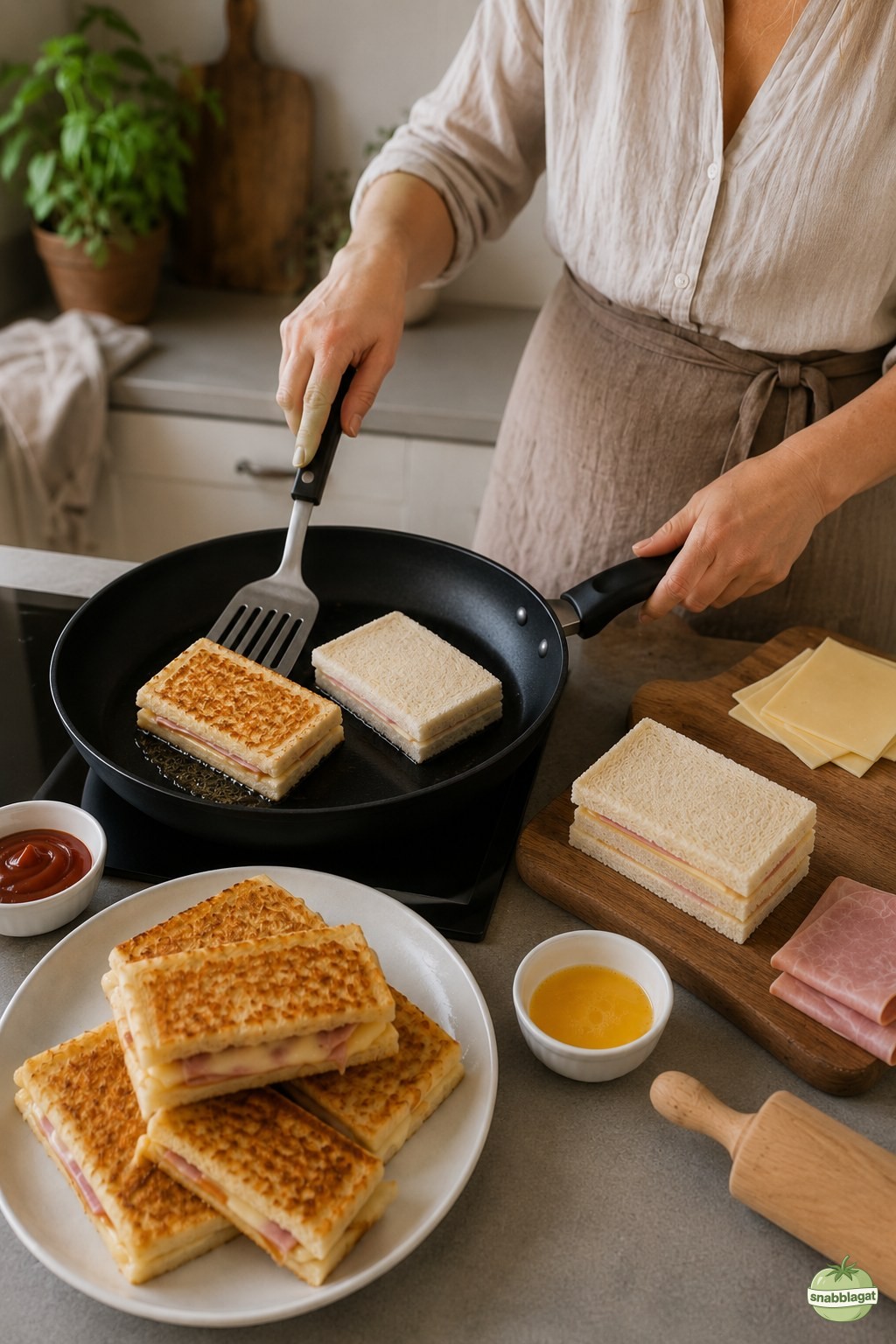 Skinkost toastie dippers steks i omgångar i stekpanna på spisen