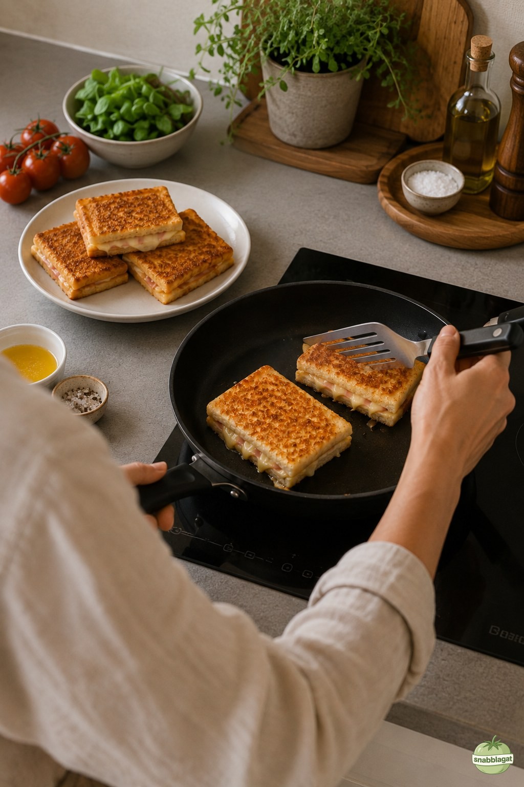 Skinkost toastie dippers vänds i stekpanna på spisen i vardagligt kök