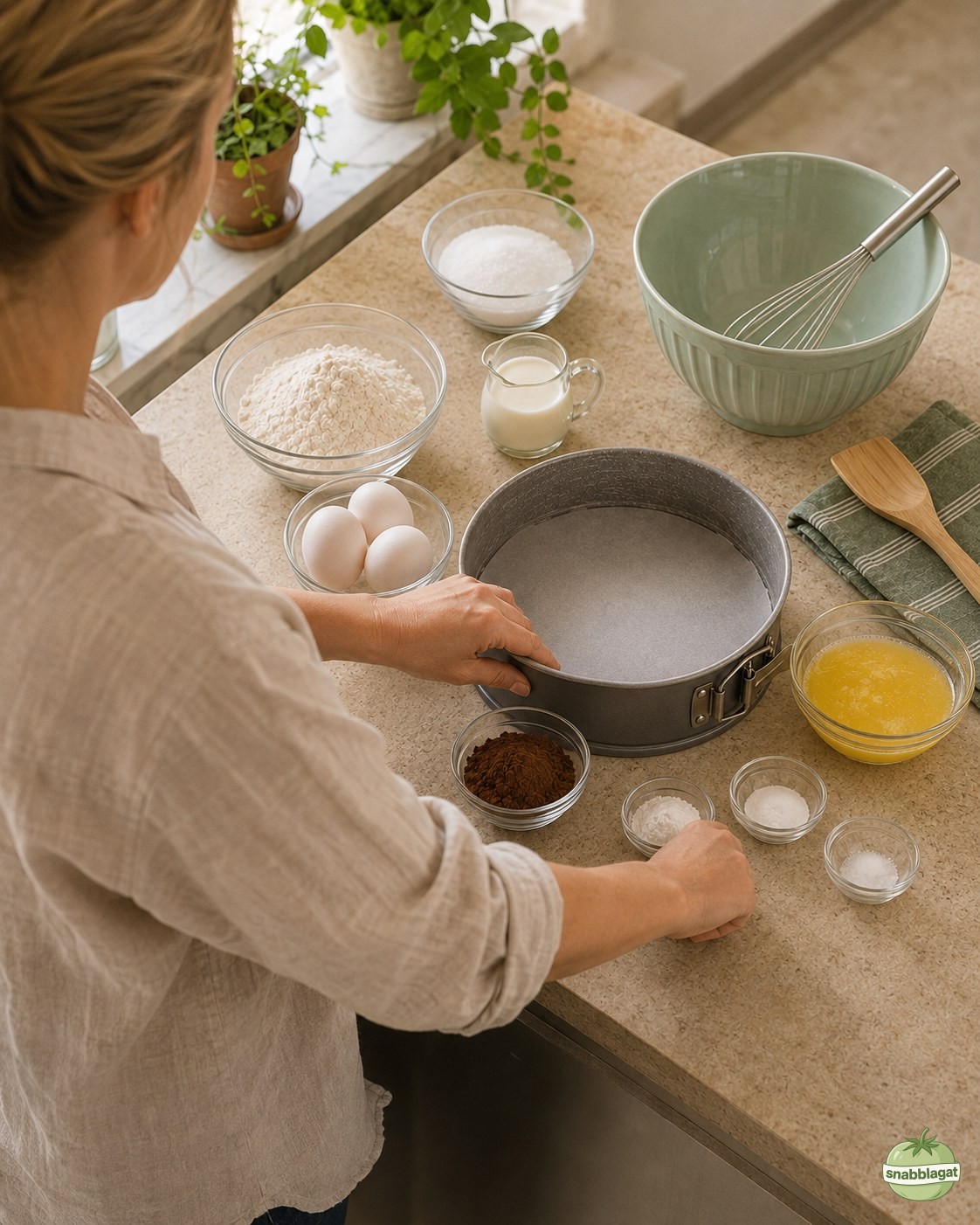 Kvinna förbereder ingredienser på köksbänk inför bakning av tigerkladdkaka bitar