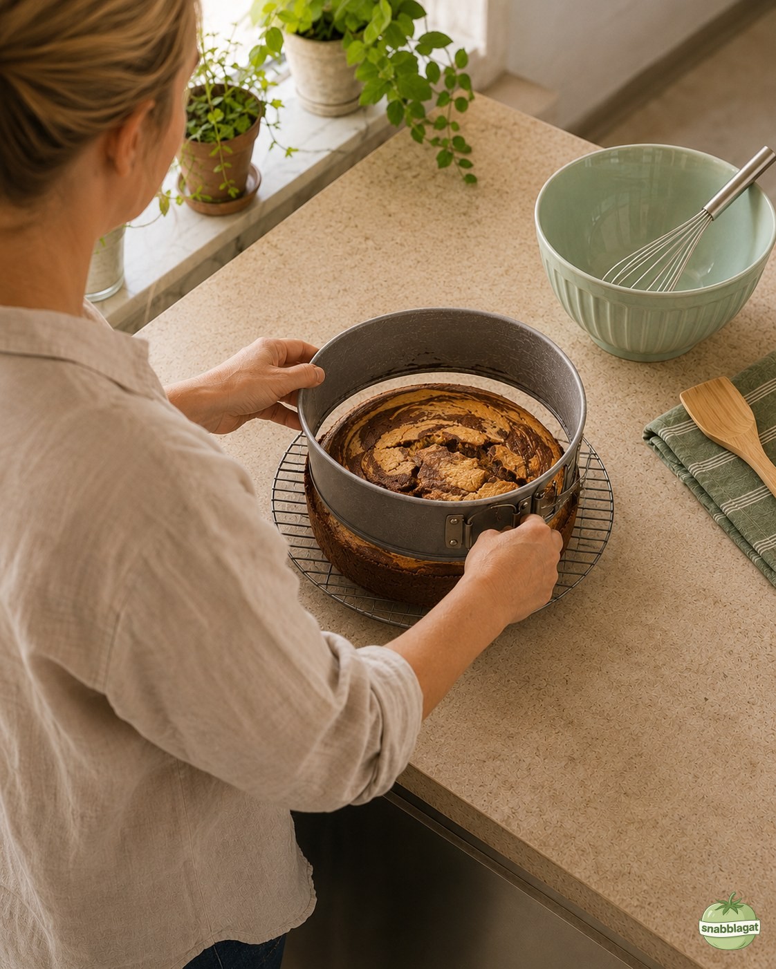 Nygräddad tigerkladdkaka lyfts ur springform till kylgaller efter gräddning