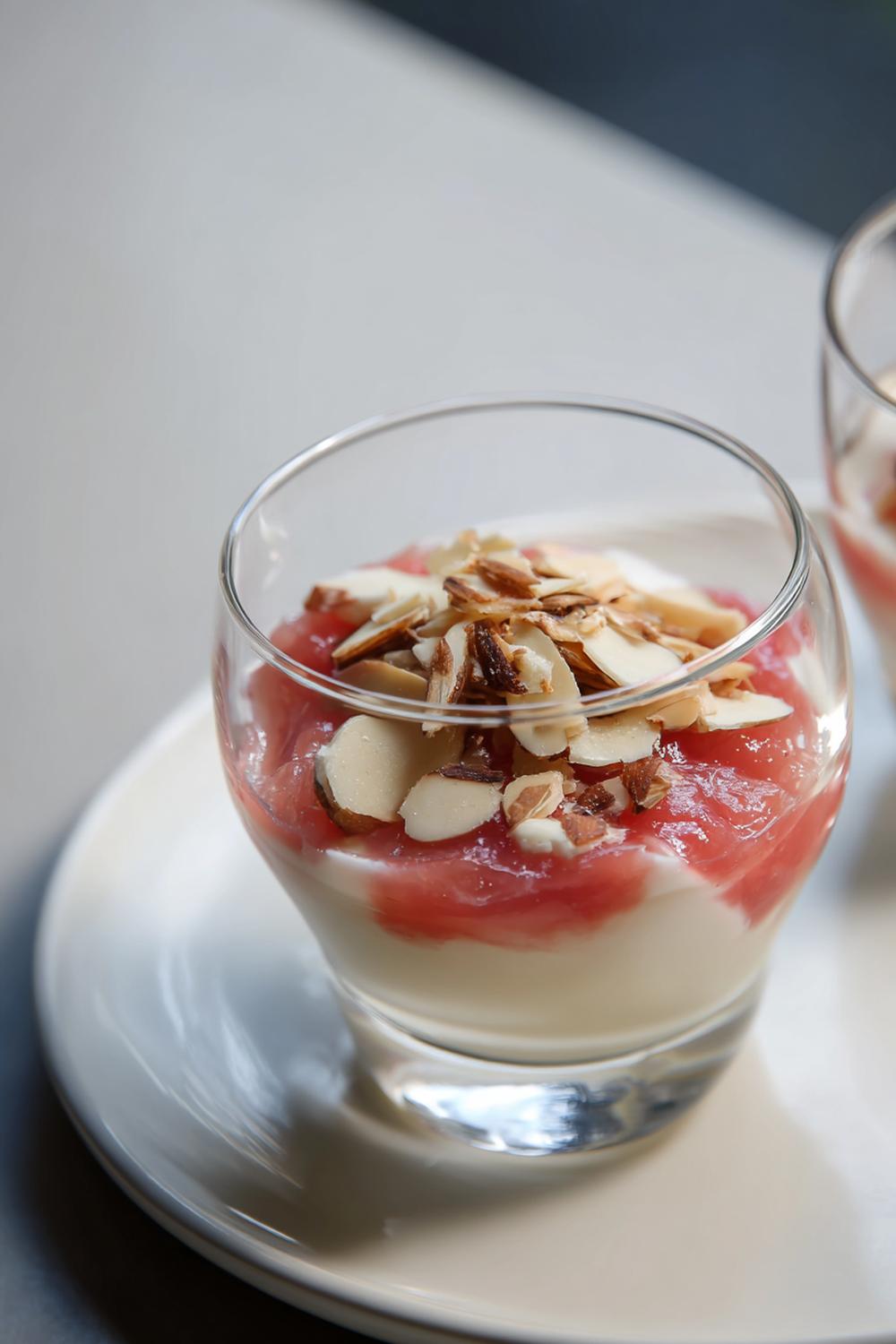 15. Vaniljkräm dessert med rabarberkompott och rostad mandel