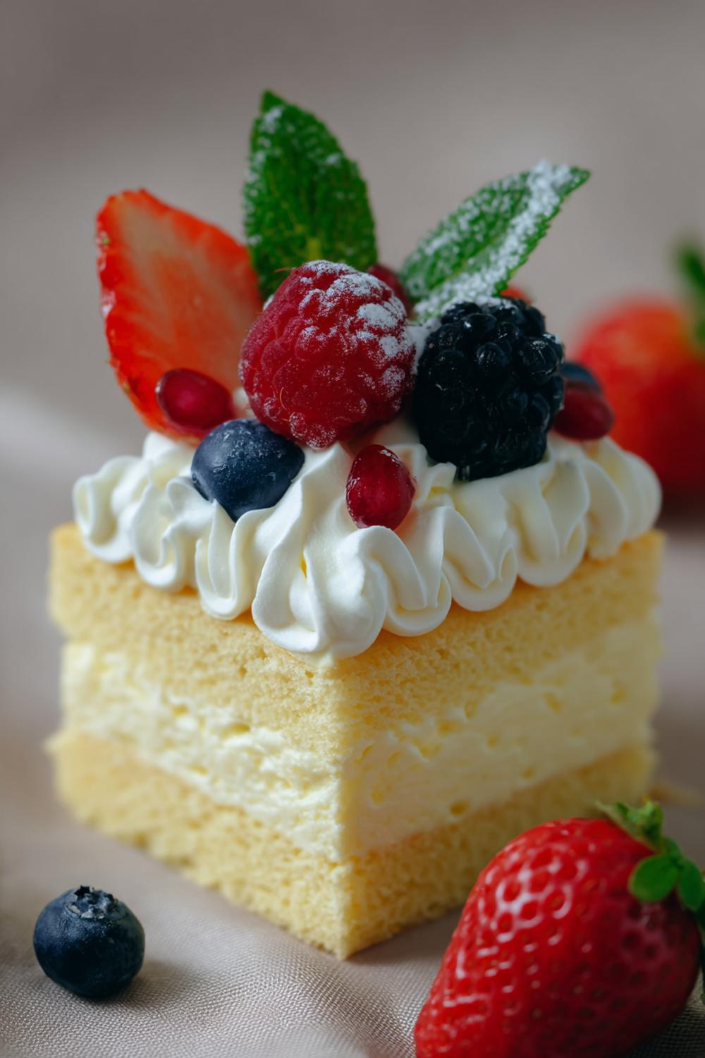16. Vaniljkräm dessert i sockerkaksruta med gräddkant och bär