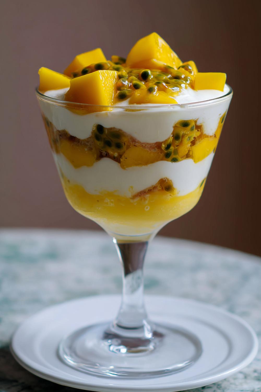 17. Vaniljkräm dessert som frukttrifle med mango och passionsfrukt