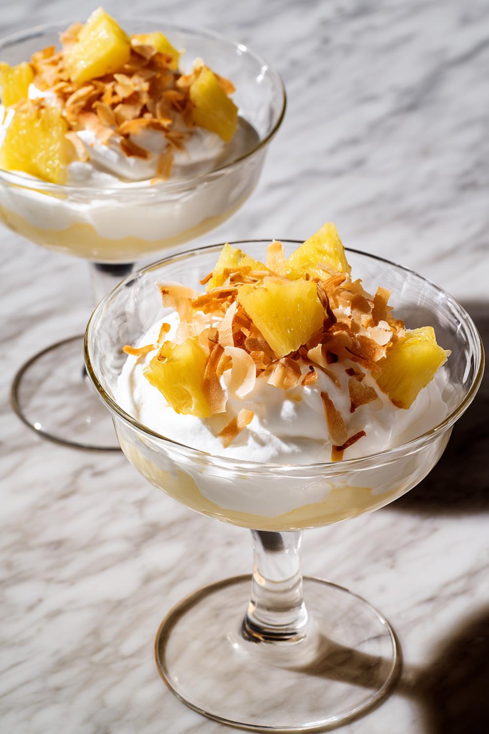 18. Vaniljkräm dessert med rostad kokos och ananas i coupeglas