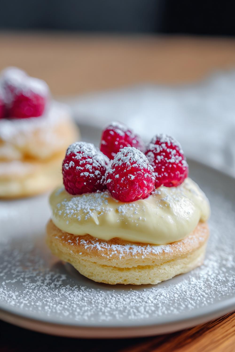 2. Vaniljkräm dessert på smördegsflarn med hallon och pudersocker