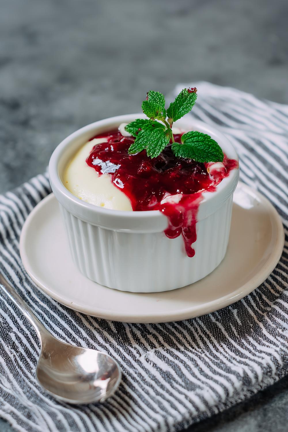 20. Vaniljkräm dessert i småkopp med varm bärsås och citronmeliss