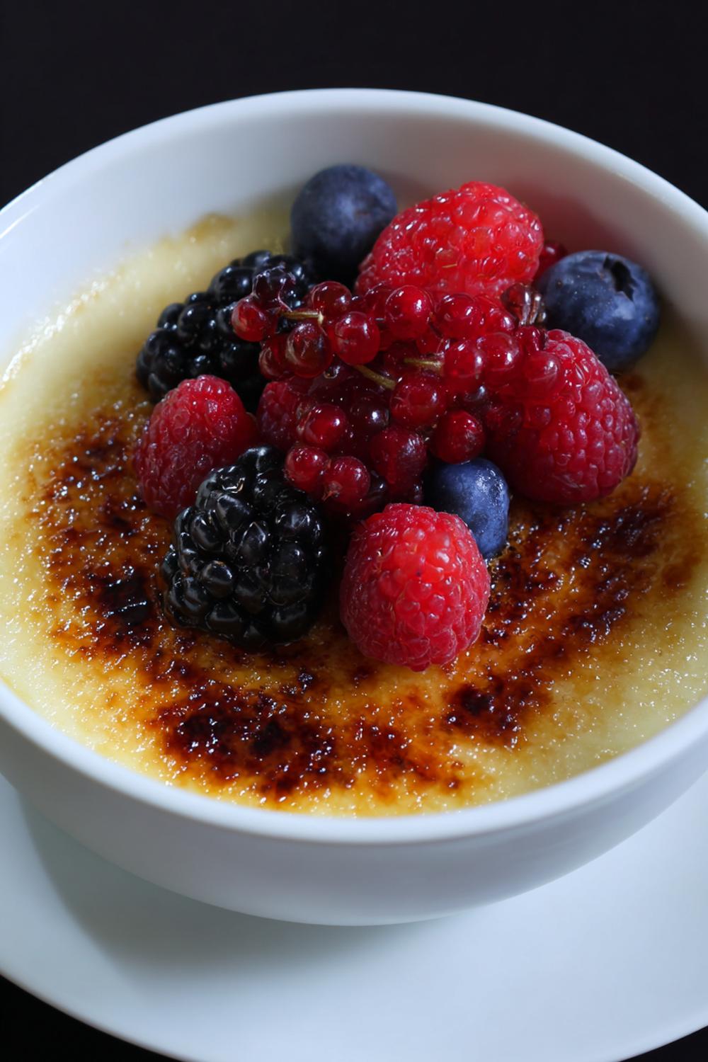 21. Vaniljkräm dessert med bränt socker och bär som crème brûlée-känsla