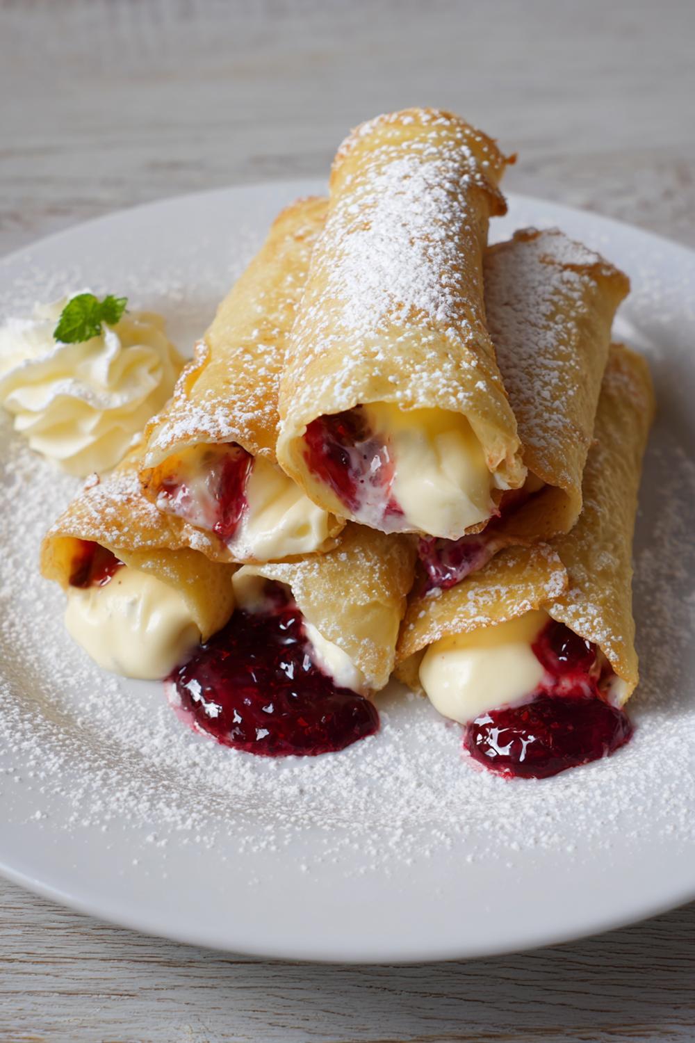 22. Vaniljkräm dessert i pannkaksrullar med sylt och florsocker