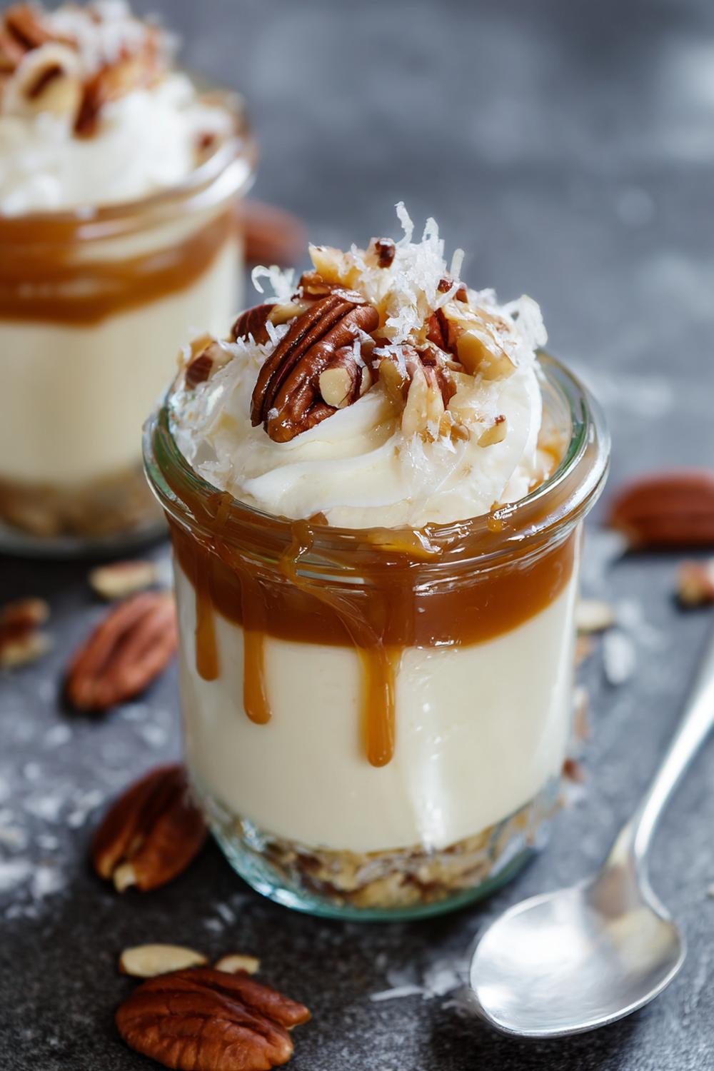 23. Vaniljkräm dessert med salt karamell och pekannötter i burk