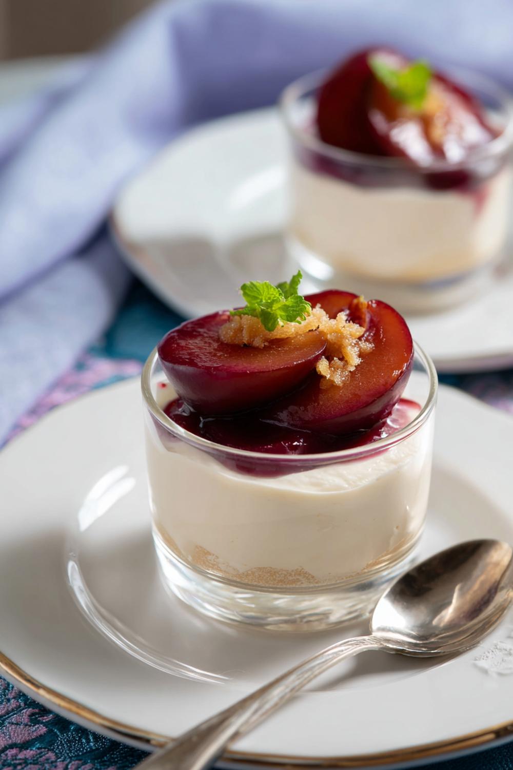 26. Vaniljkräm dessert med plommon och ingefära på desserttallrik