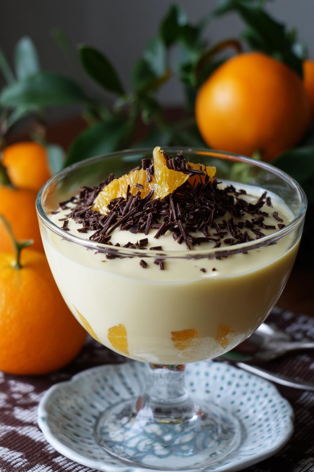 29. Vaniljkräm dessert med chokladspån och apelsin som vinterglas