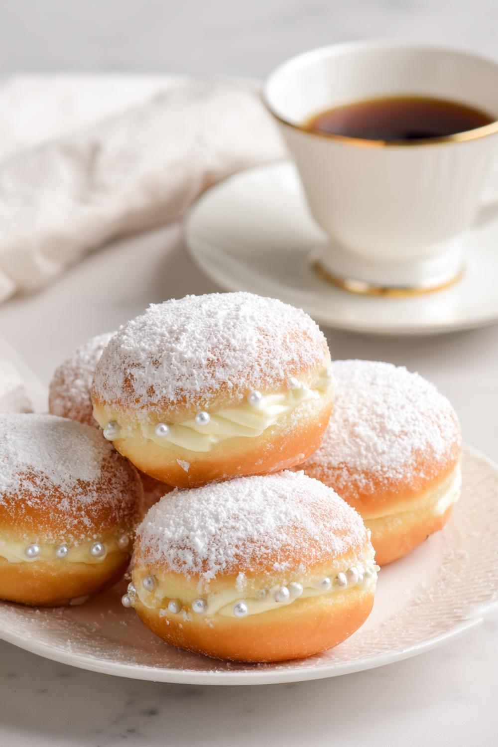 30. Vaniljkräm dessert som fyllda munkar med vaniljpunkt och socker