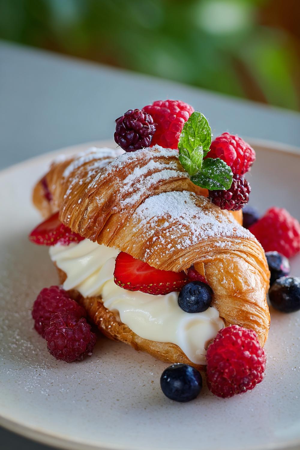 31. Vaniljkräm dessert i croissant med bär och florsockerfall
