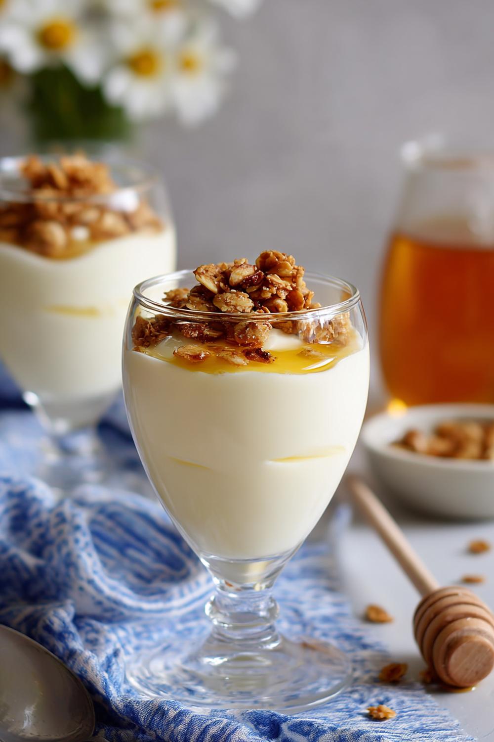 32. Vaniljkräm dessert med granola och honung i frukostdessert-stil