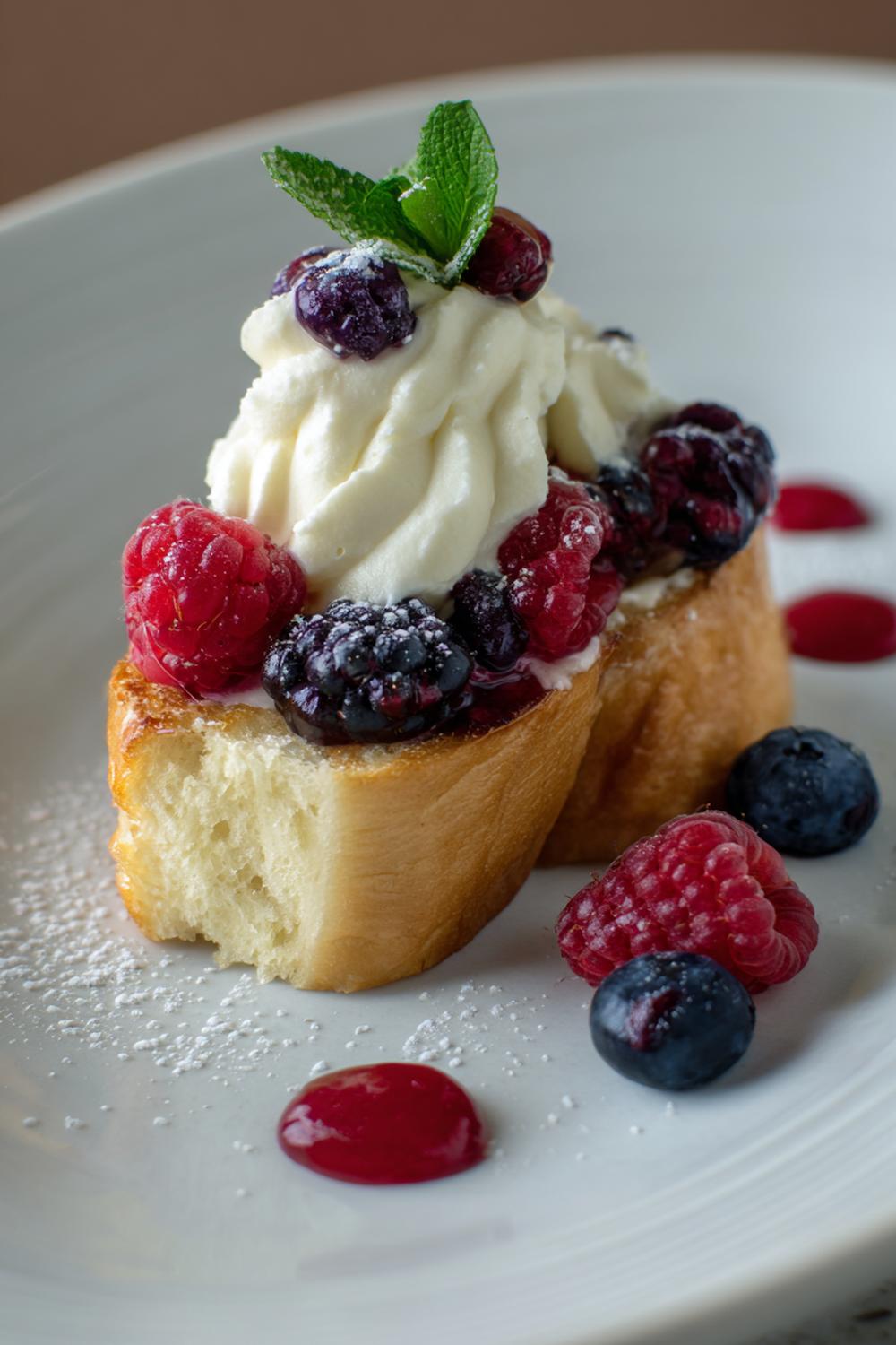 34. Vaniljkräm dessert med rostad brioche och bär som desserttoast
